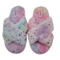 Josmo Blue &amp; Pink Hearts Fuzzy Slipper Slippers Multi Big Kid 3 - £25.47 GBP
