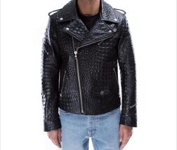 Men's Black Crocodile Embossed Leather Biker Jacket  Slim Fit Rockstar M... - $275.00
