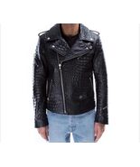 Men's Black Crocodile Embossed Leather Biker Jacket  Slim Fit Rockstar M... - $275.00