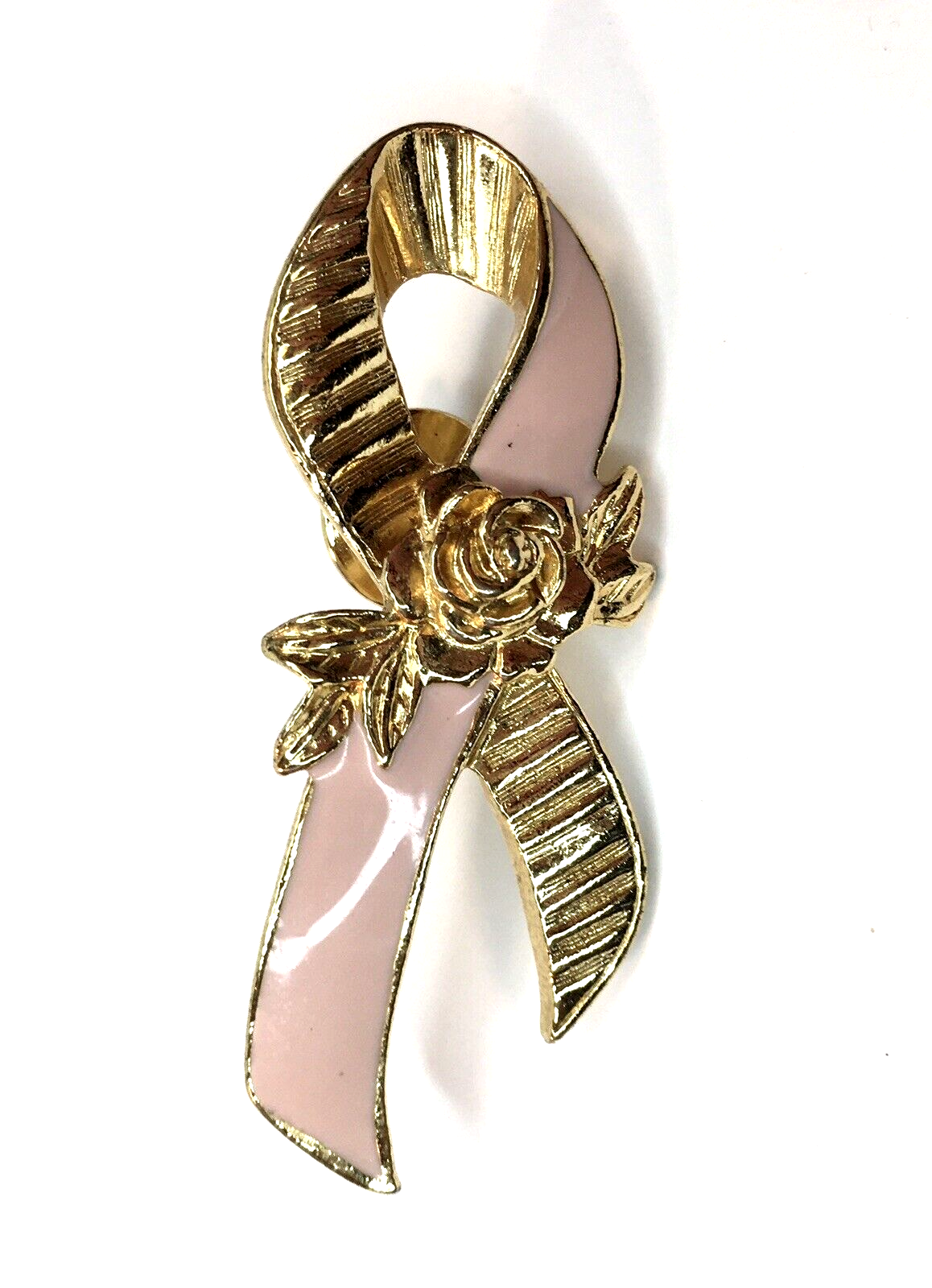 Vintage Avon Gold Tone Pink Enamel Ribbon Breast Cancer Awareness Brooch Pin 2"  - $8.00
