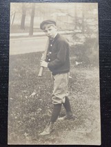 Antique 1900s Rppc Postcard Young Boy &amp; Baseball Bat Batting Stance - £12.34 GBP