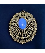 Vintage Czech Filigree Gold Tone Blue Opaque Glass Center Cabochon Brooc... - $49.47