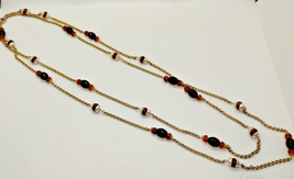 Extra Long Gold Tone Beaded Necklace - 76 Inches - Green Orange Red Pearl - £12.65 GBP