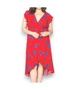 NWT Ellos Plus Size 20 Red Floral Wrap Dress Ruffled High Low Hem - $41.06 CAD