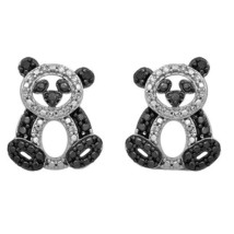 0.10 CT Round Natural Diamond Panda Stud Earrings 14K White Gold Plated Silver - £113.29 GBP