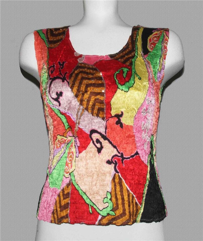 Crinkle Bright Colorful Abstract Tiny Sequins Sleeveless Pullover Top Wm... - $19.99