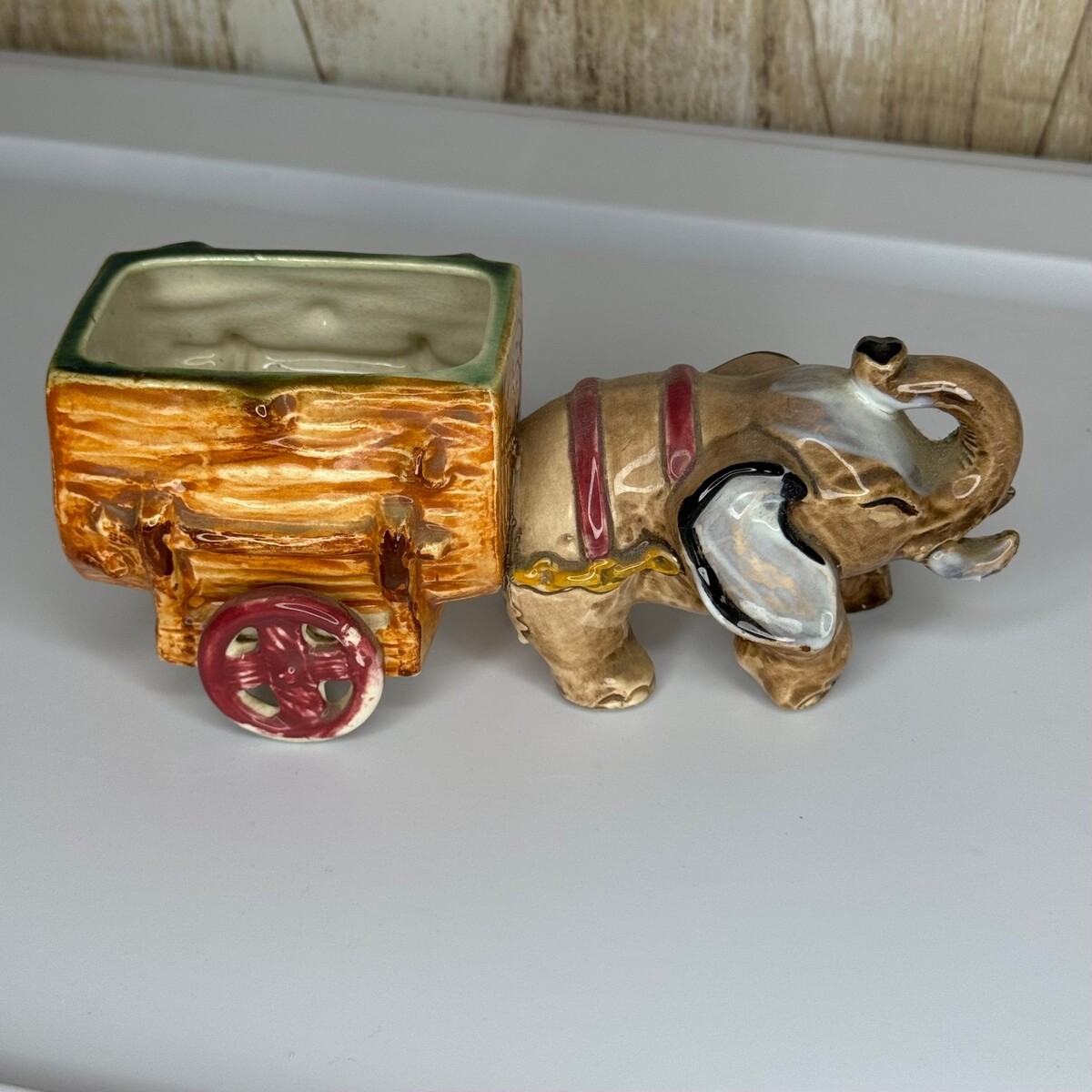 Ceramic Elephant Pulling Cart Planter Pot Figurine Vintage Occupied Japan - $18.00