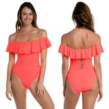 La Blanca Island Goddess Off Shoulder Ruffle One Piece Swimsuit Size 8 Coral NWT - £56.98 GBP