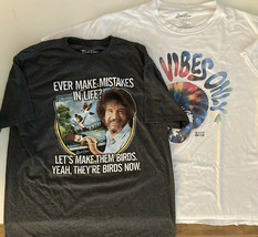 Lot of 2 Bob Ross T-Shirts Good Vibes Birds Painting Size L Tie Dyed White Gray  - £13.14 GBP
