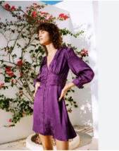 Zara Jacquard Dress XS Purple Floral Satin Long Sleeve V Neck Button Long Sleeve - £23.95 GBP