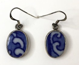 Blue and  White Ceramic &amp; 925 Sterling Silver Dangle Drop Hook Earrings - £15.98 GBP