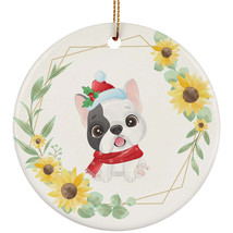 Cute French Bulldog Dog Ornament Sunflower Wreath Christmas Gift Pine Tree Decor - £11.73 GBP