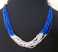 Multistrand Vintage Fashion Necklace Blue &amp;White Iridescent Beads Barrel Closure - £8.70 GBP