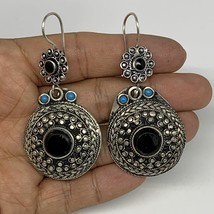 23.3g, 2.7&quot;x1.2&quot; Turkmen Earring Tribal Jewelry Black Carnelian Round Boho, B142 - £9.59 GBP