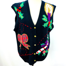 Vintage Hasting Smith XL Ugly Christmas Holiday Black Sweater Bow Candy Cane - £31.78 GBP
