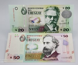 Uruguay Banknotes 20 Pesos 2011 P-86b &amp; 50 Pesos 2015 P-94 ~ UNC - $11.08 CAD