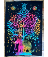Wall Tapestry Hanging Indian Decor-Elephant-Tree Of Life-Throw-Black Tie... - $23.38