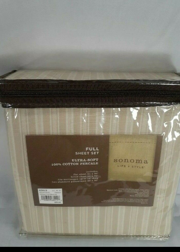 Sonoma Life + Style Ashbury Full Sheet Set Oatmeal Striped Ultra Soft Percale - $52.23
