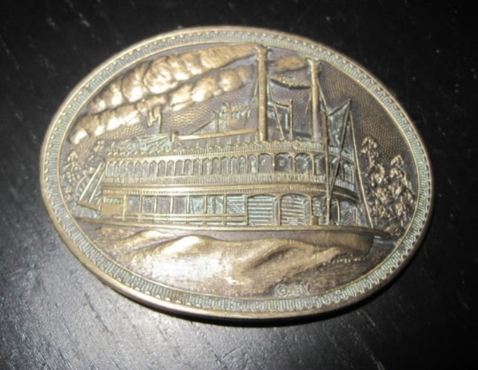 Vintage SOLID BRASS Western River Show BOAT Theme Belt Buckle - $34.99
