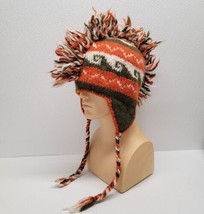 100% Wool Mohawk Knit Winter Beanie Hat With Earflaps India Jackpot Oran... - $19.25
