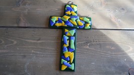 Vintage Green and Yellow Glass Wall Cross 8 x 5 inches - £11.84 GBP