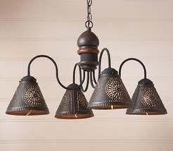 Primitive Espresso Wood Cambridge Chandelier w/ 4 Punch Tin Shades/ Free Ship - £280.98 GBP