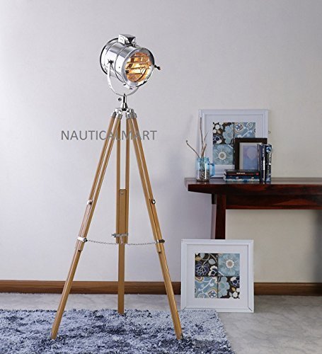 NAUTICALMART CLASSICAL DESIGNER NICKEL WITH SHEESHAM WOOD TRIPOD FLOOR LAMP