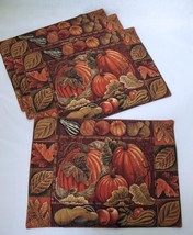 Set/4 Autumn Fall Thanksgiving Placemats Pumpkins Squash Fall Leaves Orange Brn - £19.54 GBP