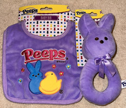 Purple Easter Baby Bib Embroidered “PEEPS” &amp; Plush Bunny Baby Rattle NEW Soft - £22.37 GBP