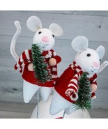 Christmas Flocked White Mice w Tree 11&quot; Picks Vintage Inspired Decor Fig... - $19.39