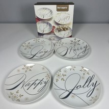 Pier 1 Holiday Wishes 4 Appetizer Plates In Box Gold Merry Happy Joy Jolly - $24.74