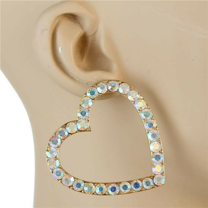 Primary image for Gold Rhinestone Heart Shape Fun Fashion 2 Inch Modern Stud Crystal Hoop Earrings