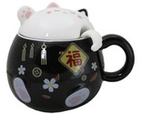 Black Maneki Neko Beckoning Lucky Cat Mug Cup With Kitty Lid And Stirrin... - £14.15 GBP