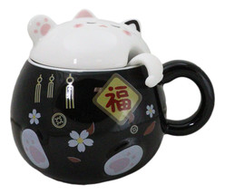 Black Maneki Neko Beckoning Lucky Cat Mug Cup With Kitty Lid And Stirring Spoon - £14.05 GBP