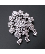 2 pc Flower Clear White Rhinestone Brooch Pin with fringe Silver Plated ... - £7.20 GBP