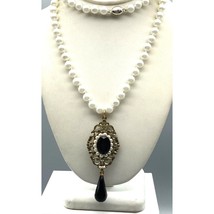Vintage Glass Pearl Strand Necklace with Elegant Mourning Pendant, Faceted - £45.53 GBP