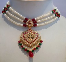 20K 20CT Yellow Gold Real Ruby Emerald Pearl Necklace Mother&#39;s Day Special Gift - £2,879.12 GBP