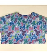 Carol&#39;s Scrub Top Blue w/Butterflies size S short sleeve Pockets V-neck - $9.44 CAD