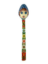 Hand-Painted Wooden Mixing Spoon Blue Scarf Big Eyes Lady Face Folk Art - £9.87 GBP