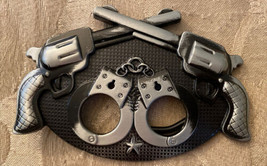 Belt Buckle Mens Guns &amp; Handcuffs Black &amp; Gray Metal 4.25” W X 3” H New - $9.49