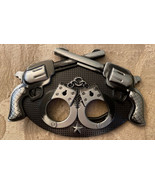 Belt Buckle Mens Guns &amp; Handcuffs Black &amp; Gray Metal 4.25” W X 3” H New - £7.46 GBP