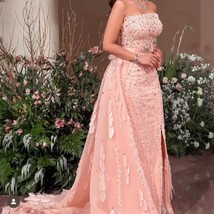Strapless Sleeveless Watteau Train Lace Applique Beads Evening Dresses W... - $360.00