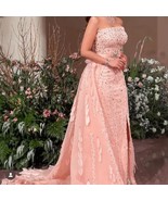 Strapless Sleeveless Watteau Train Lace Applique Beads Evening Dresses W... - $360.00