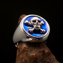 Men&#39;s Pirate Ring blue Jolly Roger crossed Bones Skull - Sterling Silver - £71.32 GBP