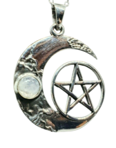 Moonstone Pentagram Crescent Moon Pendant 18&quot; Chain 925 Sterling Silver Boxed - £36.85 GBP