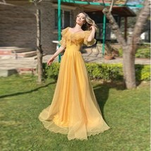 Vintage Yellow Square Neck Tulle Prom Dresses Boho 2022 A Line Short Ruffles Sle - £307.58 GBP