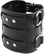 Men&#39;s Alloy Ring Genuine Leather Bracelet Bangle Cuff Silver Tone Adjust... - €16,50 EUR