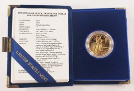 1990-P 1/2 Oz. Gold American Eagle Proof Coin w/ Original Box, Case, and CoA - £1,326.38 GBP