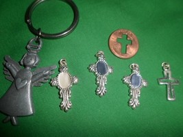Key Chain Purse Fob Charm peweter angel + 4 cross charms 1 cut out cross penny - £4.72 GBP