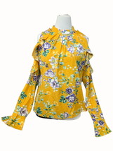 Shein yellow floral cold shoulder keyhole ruffle ruched polyester blouse large - £18.15 GBP
